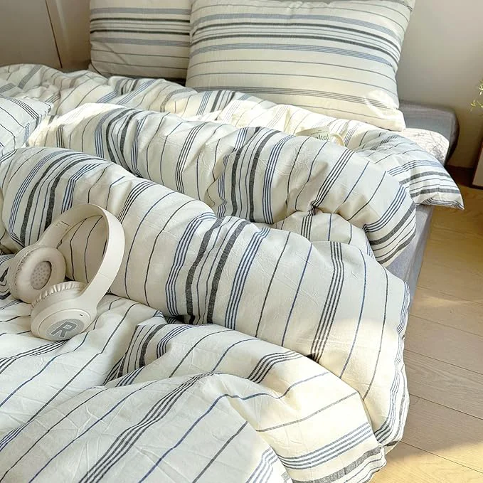 Original Design EAVD Retro Blue amp Grey Striped Comforter Set King Soft Cotton 3-Piece Vintage Bedding Set with 2 Pillowcases Boho Vertical Stripes Geometric Comforter Set for All-Season Breathable Lightweight Long-Lasting