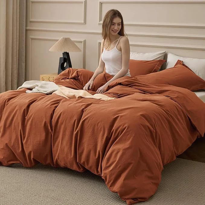 Premium Bedsure Washed Cotton Duvet Cover King Size – Burnt Orange Minimalist Bedding Set Linen Like – PureWoven Plain Simple amp Soft Comforter Cover for All Seasons Burnt Orange King 104 quot x90 quot Fine