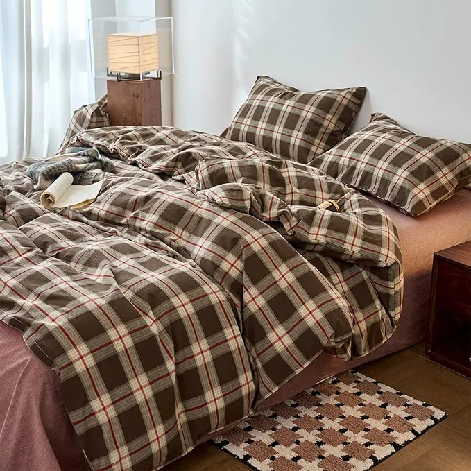 Sophisticated EAVD Vintage Brown Buffalo Plaid Comforter Set Queen Soft Washed Cotton Brown amp Red amp Green Grid Checkered Bedding Set with 2 Pillowcases Retro Gingham Comforter Set for All-Season Versatile
