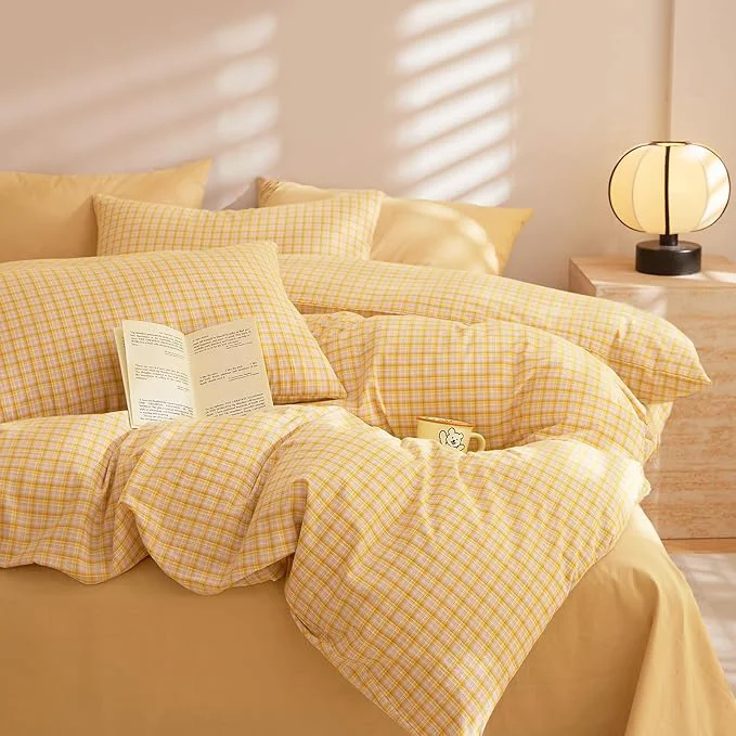 Smooth EAVD Vintage Style Yellow Plaid Comforter Set King Soft Washed Cotton Modern Grid Checkered Plaid Bedding Set with 2 Pillowcases Farmhouse Gingham Comforter Set for All-Season High-Grade