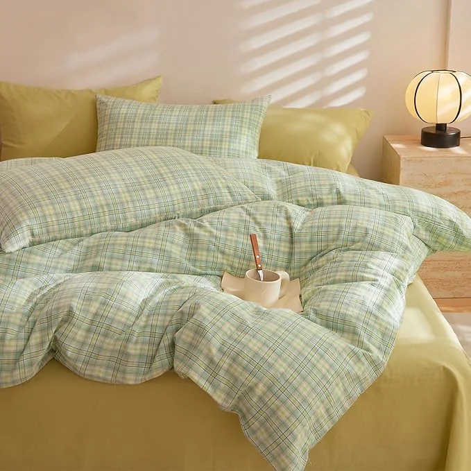 Stylish EAVD Modern Style Gingham Comforter Set King Pink Blue Green Grid Plaid Comforter Set Reversible Farmhouse Gingham Bedding Set with 2 Pillowcases Reversible Grid Checkered Bedding Set for All-Season Trendy