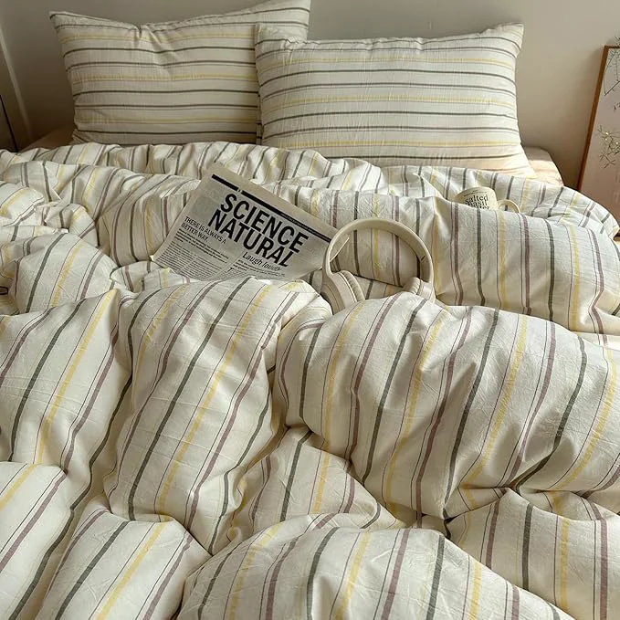 Trendy EAVD Vintage Colorful Striped Comforter Set King Soft Cotton 3-Piece Retro Vertical Striped Bedding Set with 2 Pillowcases Boho Geometric Comforter Set for All-Season Green amp Yellow amp Brown King Sophisticated