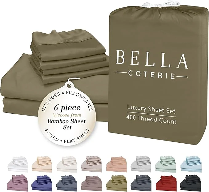 Modern Bella Coterie 6 Piece Luxury Bamboo Viscose Queen Size Sheet Set Organically Grown Cooling for Hot Sleepers 18 quot Deep Pocket Soft amp Hypoallergenic 4 Pillowcases Olive Selected