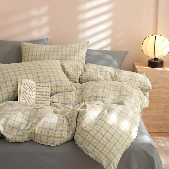 Fine EAVD Blue Yellow Gingham Comforter Set King Soft Modern Grid Plaid Comforter Set 3 Pieces Reversible Grid Checkered Pattern Bedding with 2 Pillowcases Farmhouse Gingham Bedding Set for All-Season High-End