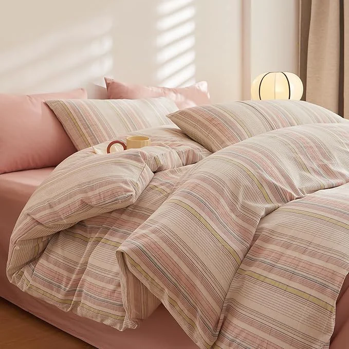 Fine EAVD Striped Comforter Set Queen Multi-Color Striped Bedding Comforter Set 3 Pieces Farmhouse Geometric Bedding Set with 2 Pillowcases for All-Season Soft Fluffy Lightweight Versatile