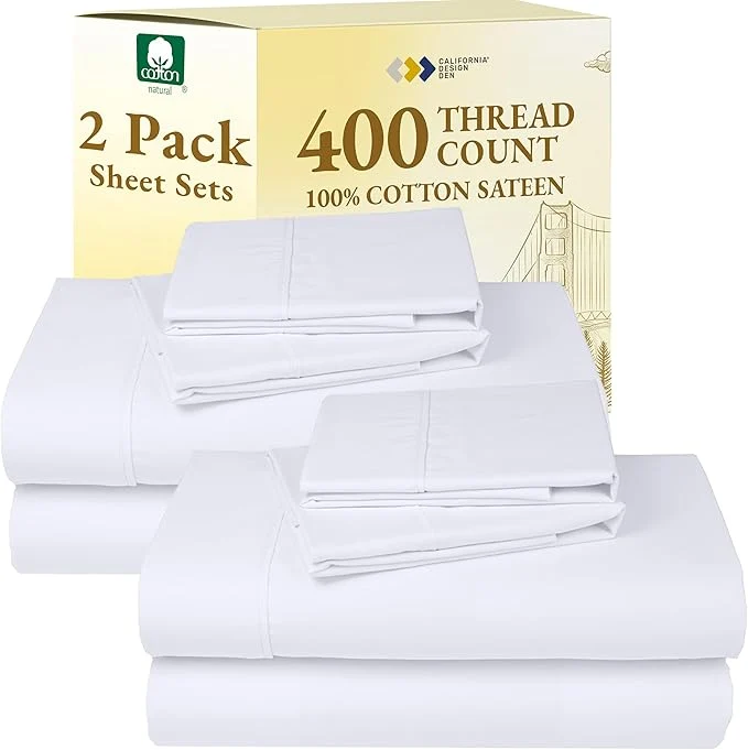 Superior California Design Den 2-Pack Queen Bedsheet Sets – 400 Thread Count Cotton Sateen – Soft and Breathable Sheets 2 Sets of Deep Pocket Bed Sheets – Bright White Innovative