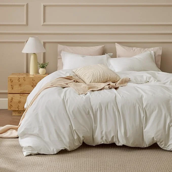 World-Class Bedsure Washed Cotton Duvet Cover Queen Size – Ivory Minimalist Bedding Set Linen Like – PureWoven Plain Simple amp Soft Comforter Cover for All Seasons 3 Pieces Ivory Queen 90 quot x90 quot Original Design