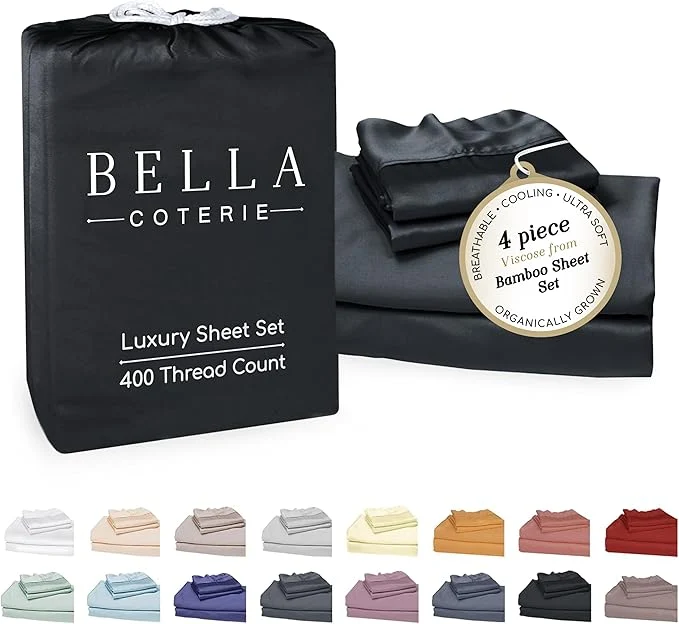Lightweight Bella Coterie Luxury Bamboo Viscose 34 Split Top King Size Sheet Set 1 Fitted Sheet for Sleep Number amp Adjustable Beds Organically Grown Cooling amp Soft 18 Deep Pocket Black Relaxed