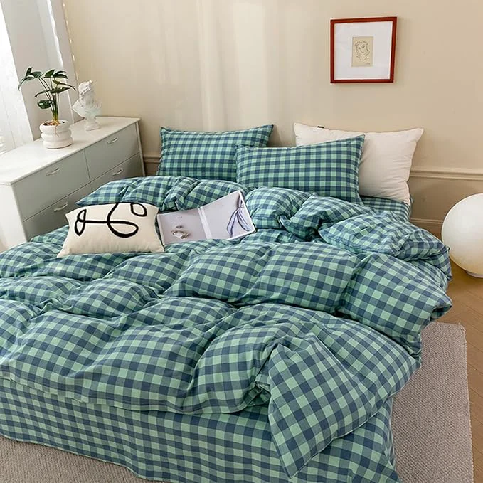 User-Friendly EAVD Green Gingham Comforter Set Full Soft Fluffy 3-Piece Modern Grid Checkered Plaid Bedding Set with 2 Pillowcases Farmhouse Geometric Pattern Comforter Set for All-Season Certified