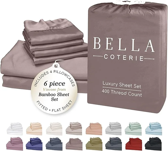 Relaxed Bella Coterie 6 Piece Luxury Bamboo Viscose California King Size Sheet Set Organically Grown Cooling for Hot Sleepers 18 quot Deep Pocket Soft amp Hypoallergenic 4 Pillowcases Mocha Quality