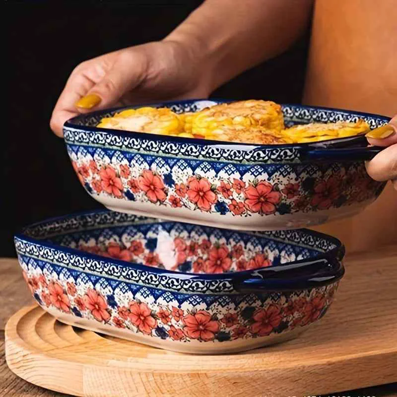 Long-Lasting Vibrant Floral Embossed 1pc Polish Ceramic Baking Dish – 9 quot x5.3 quot Rectangular Plate with Dual Handles for Lasagna Salads amp Cheese Bakes – Durable Hand-Painted Design for Home Cooking Premium Material