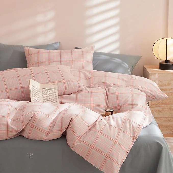 First-Class EAVD Pink Gingham Comforter Set Queen Soft Fluffy Pink Plaid Comforter Set 3 Pieces Modern Grid Checkered Pattern Bedding Set for All-Season Farmhouse Gingham Bedding Set for Boy Women Men Genuine