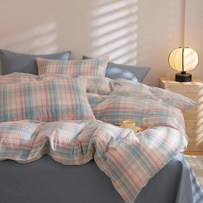 World-Class EAVD Vintage Style Gingham Comforter Set Full Blue amp Pink Grid Plaid Comforter Set with 2 Pillowcases Reversible Farmhouse Gingham Bedding Set for All-Season Boho Grid Checkered Bedding Set Long-Lasting