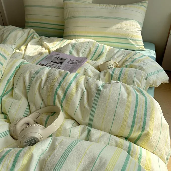 Reusable EAVD Vintage Striped Comforter Set King Soft Cotton 3-Piece Boho Bedding Set with 2 Pillowcases Retro Yellow-Green Vertical Stripes Geometric Comforter Set for All-Season Reliable