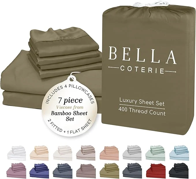Classic Bella Coterie 7 Piece Luxury Bamboo Viscose Split King Size Sheet Set 2 Fitted Sheets for Adjustable Beds Organically Grown Cooling for Hot Sleepers 4 Pillowcases Olive Unique