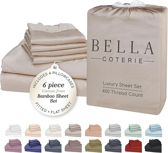 Crafted Bella Coterie 6 Piece Luxury Bamboo Viscose King Size Sheet Set Organically Grown Cooling for Hot Sleepers 18 quot Deep Pocket Soft amp Hypoallergenic 4 Pillowcases Dune Smooth