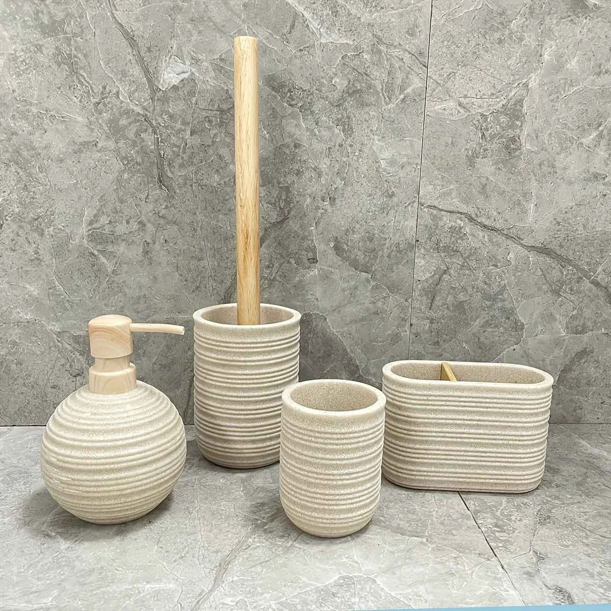 Top-Quality 4pcs Wooden Bathroom Set Four-piece Wooden Bathroom Set Wood Grain Water Transfer Print Nozzle Beige Sandstone Lotion Bottle Mouth Cup Toothbrush Holder Toilet Brush with Wooden Handle Responsible