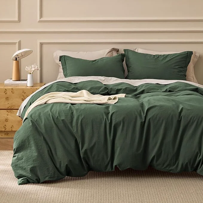 High-End Bedsure Washed Cotton Duvet Cover Cal King – Olive Green Minimalist Bedding Set Linen Like – PureWoven Plain Simple amp Soft Comforter Cover for All Seasons Olive Green California King 104 quot x98 quot Trendy