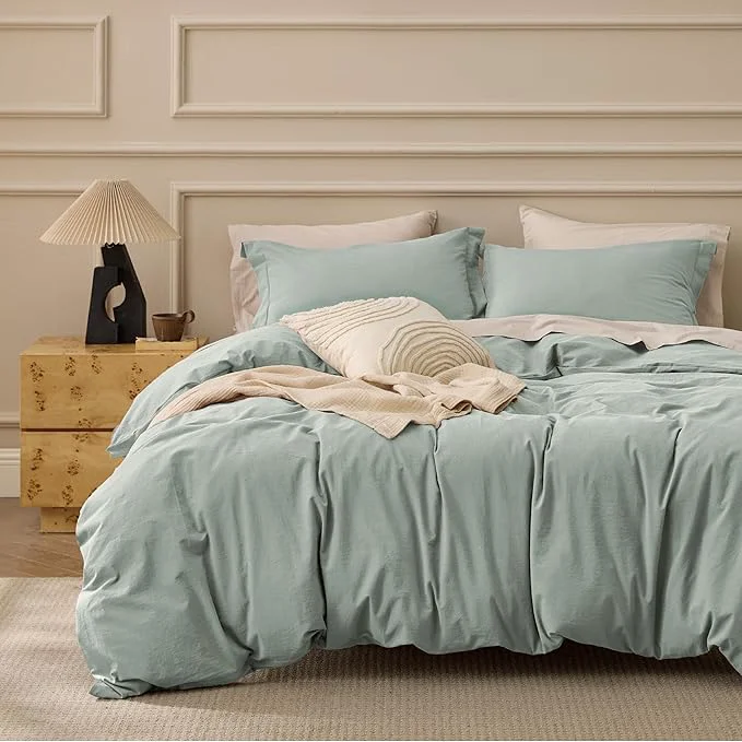 Premium Material Bedsure Washed Cotton Duvet Cover Queen Size – Sage Green Minimalist Bedding Set Linen Like – PureWoven Plain Simple amp Soft Comforter Cover for All Seasons Sage Green Queen 90 quot x90 quot Prestigious