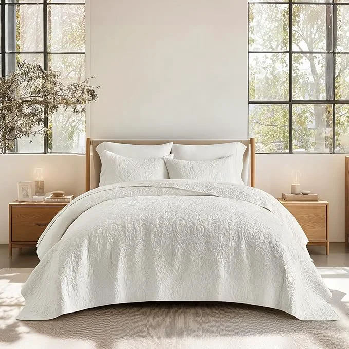 Healthy EVERGRACE Cotton Paisley Quilt Set Oversized King 3 Piece Set – Prewashed Lightweight Bedspread with 2 Shams Soft amp Breathable Matelasse Coverlet for All-Season Comfort Bright White Functional