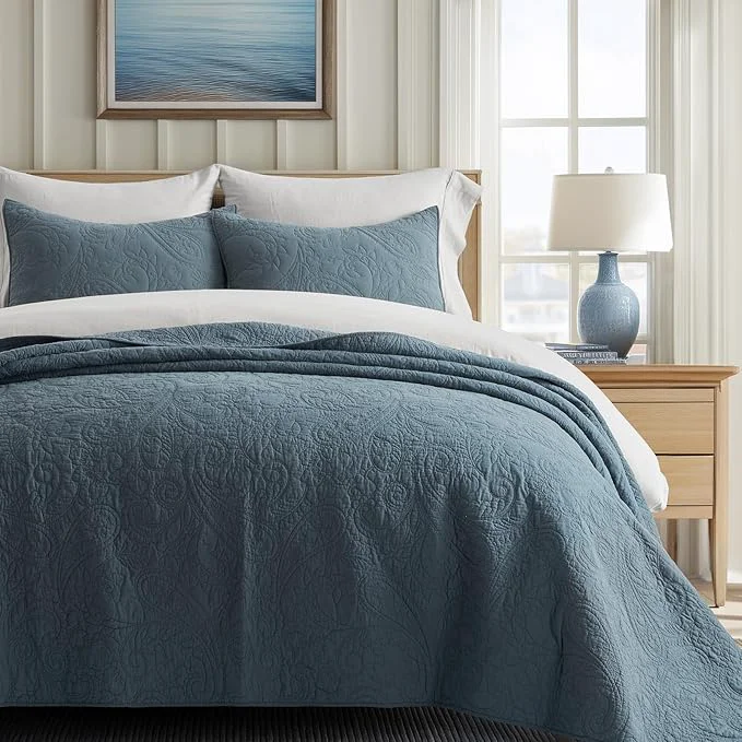 Secure EVERGRACE Cotton Paisley Quilt Set King Size 3 Piece Set – Prewashed Lightweight Bedspread with 2 Shams Soft amp Breathable Matelasse Coverlet for All-Season Comfort Stormy Blue Artisan