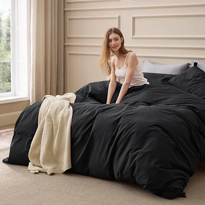 Luxury Bedsure Washed Cotton Duvet Cover King Size – Black Minimalist Bedding Set Linen Like – PureWoven Plain Simple amp Soft Comforter Cover for All Seasons Black King 104 quot x90 quot Specialty