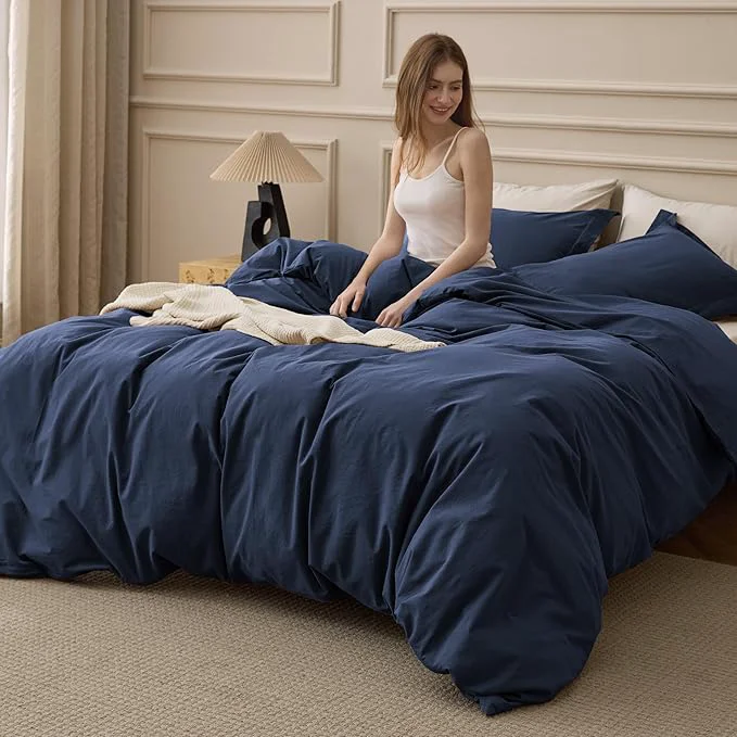 Durable Bedsure Washed Cotton Duvet Cover Cal King Size – Navy Minimalist Bedding Set Linen Like – PureWoven Plain Simple amp Soft Comforter Cover for All Seasons Navy Cal King 104 quot x98 quot Professional