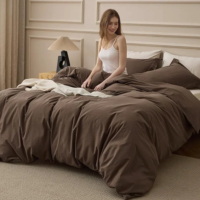 Prestigious Bedsure Washed Cotton Duvet Cover Cal King – Brown Minimalist Bedding Set Linen Like – PureWoven Plain Simple amp Soft Comforter Cover for All Seasons Brown California King 104 quot x98 quot Premium