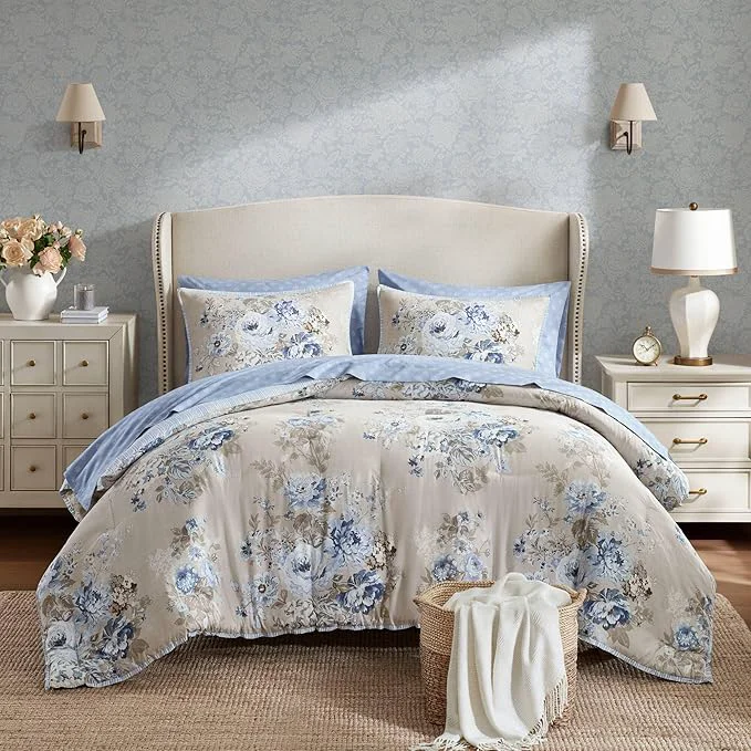 Durable Madison Park Essentials Floral Comforter Set Cal King Size Vintage Flower Bedding Set with Sheet Set 7 Pieces Bed in a Bag Reversible Botanical Comforter Pillowcases amp Shams Heather Beige Blue Smooth