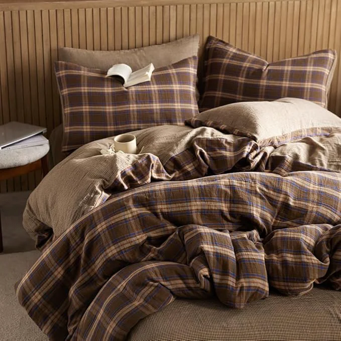 Flexible EAVD Vintage Gingham Comforter Set Twin XL Brown Blue Red Grid Checked Bedding Set Soft Muslin Cotton Retro Brown Plaid Comforter Set with 2 Pillowcases Farmhouse Plaid Bedding Set for All-Season Official