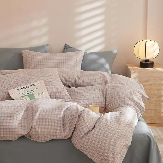 Genuine EAVD Pink Blue Grid Plaid Comforter Set King Soft Fluffy Gingham Comforter Set 3 Pieces Modern Style Grid Checkered Pattern Bedding Set with 2 Pillowcases Reversible Gingham Bedding Set for All-Season Refined
