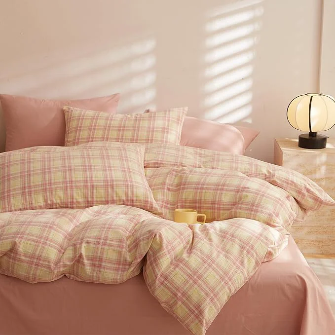 Elegant EAVD Vintage Gingham Comforter Set King Soft Washed Cotton 3-Piece Pink Yellow Grid Checkered Plaid Bedding Set with 2 Pillowcases Chic Retro Plaid Comforter Set for All-Season Comfortable