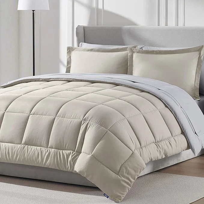 Safe Nestl 7 Piece Full Comforter Set – Beige Reversible Bed in a Bag – Complete Full Size Bedding Set with Sheets Pillowcases and Shams Effective