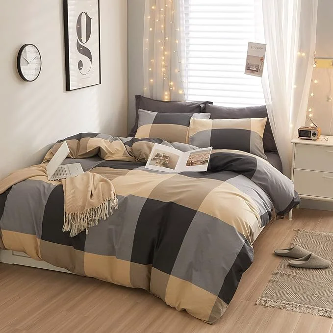 Pure EAVD Vintage Style Brown amp Black Buffalo Plaid Comforter Set King Soft Fluffy Retro Checkered Plaid Bedding Comforter with 2 Pillowcases Farmhouse Geometric Bedding Set for All-Season Versatile
