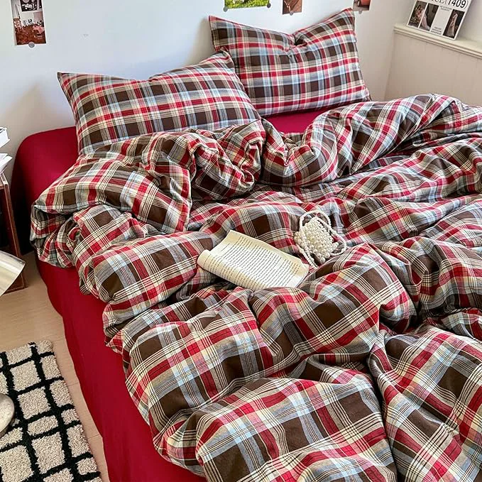 Smart EAVD Vintage Style Red amp Brown Buffalo Plaid Comforter Set Twin XL Soft Washed Cotton Chic Grid Checkered Ginham Bedding Set with 2 Pillowcases Farmhouse Geometric Comforter Set for All-Season Sophisticated