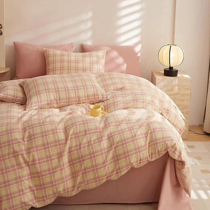 Carefully Designed HighBuy King Comforter Set Blush Gingham Comforter Modern Chic Pink Plaid Comforter Set 3 Pieces Fluffy Grid Checkered Comforter with 2 Pillowcases Boho Gingham Bedding Set Queen Size Smart