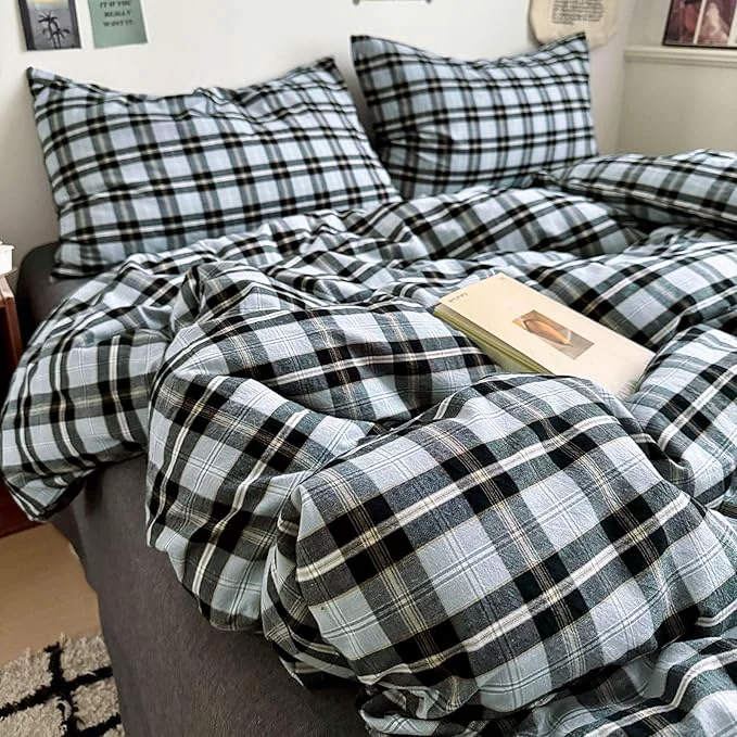 Selected EAVD Vintage Gingham Comforter Set Twin XL Boy Girl Soft Washed Cotton Chic Light Blue Grey Buffalo Plaid Comforter Set with 2 Pillowcases Farmhouse Geometric Pattern Bedding Set for All-Season Consistent