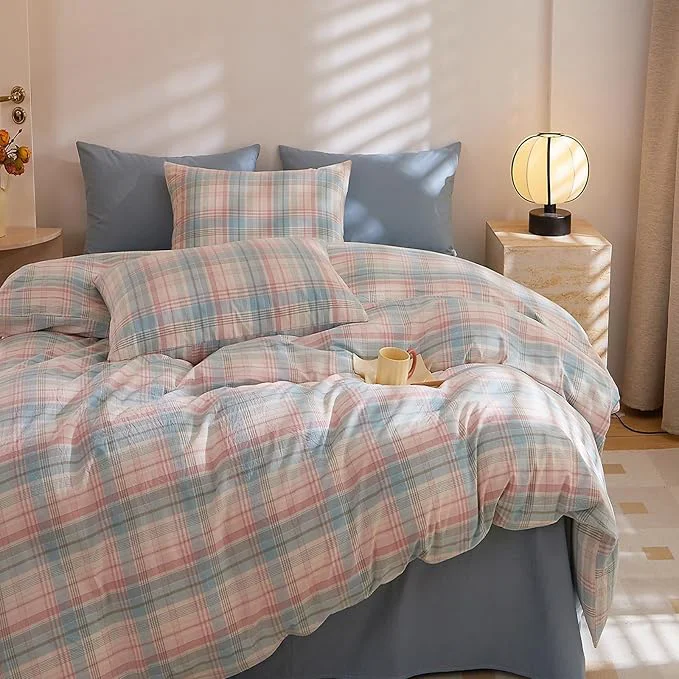 Recyclable HighBuy Blush Blue Plaid Comforter Set Queen Size Gingham Grid 3 Pieces Vintage Checkered Pattern Comforter Buffalo Plaid Comforter Set with 2 Pillowcases Soft Farmhouse Grid Bedding Set Smooth