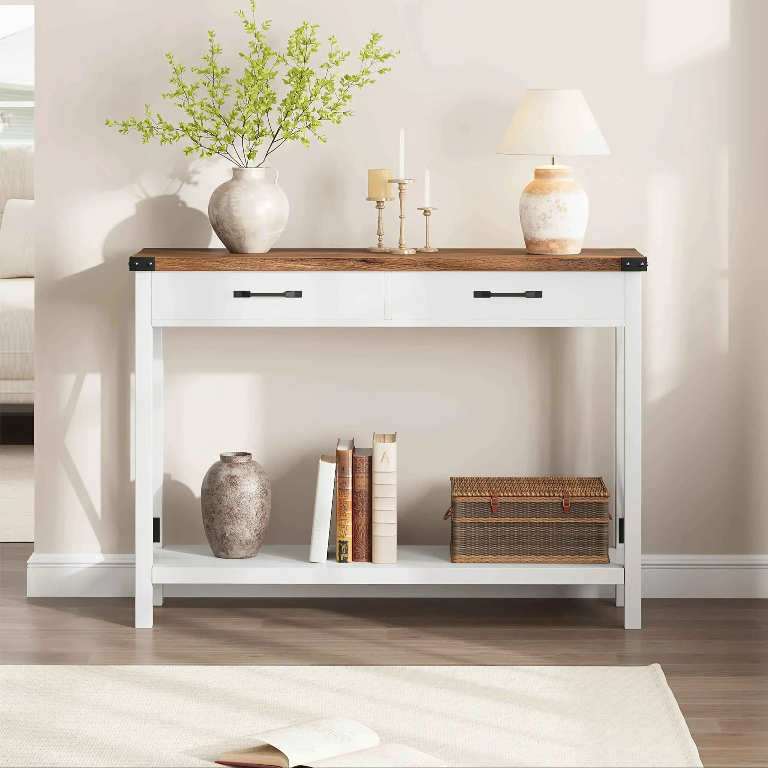 Proven Industrial Farmhouse Entryway Table – Console Table with 2 Drawers Heavy-Duty Sofa Table Scratch-Resistant Easy Assembly Living Room Hallway Foyer Furniture for Farmhouse Modern Traditional Decor – Space-Saving Narrow Authentic