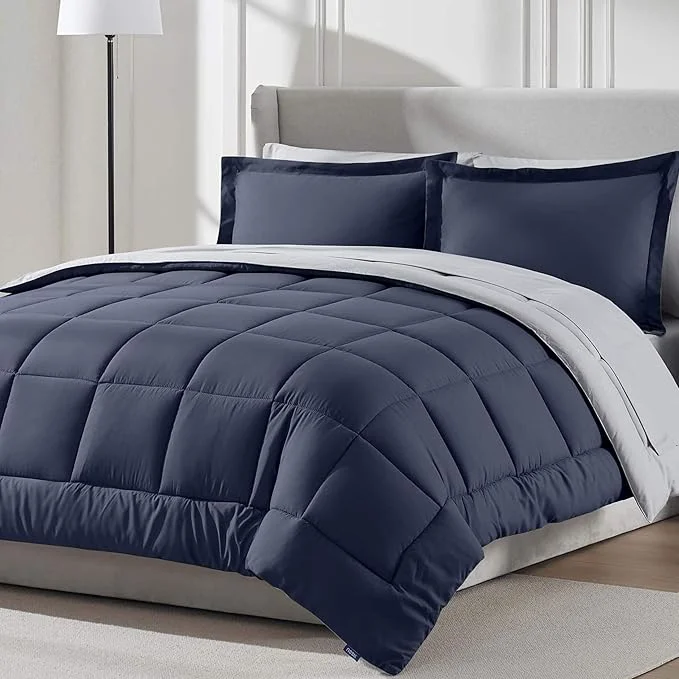 Elite Nestl 7 Piece Queen Comforter Set – Navy Reversible Bed in a Bag – Complete Queen Size Bedding Set with Sheets Pillowcases and Shams World-Class