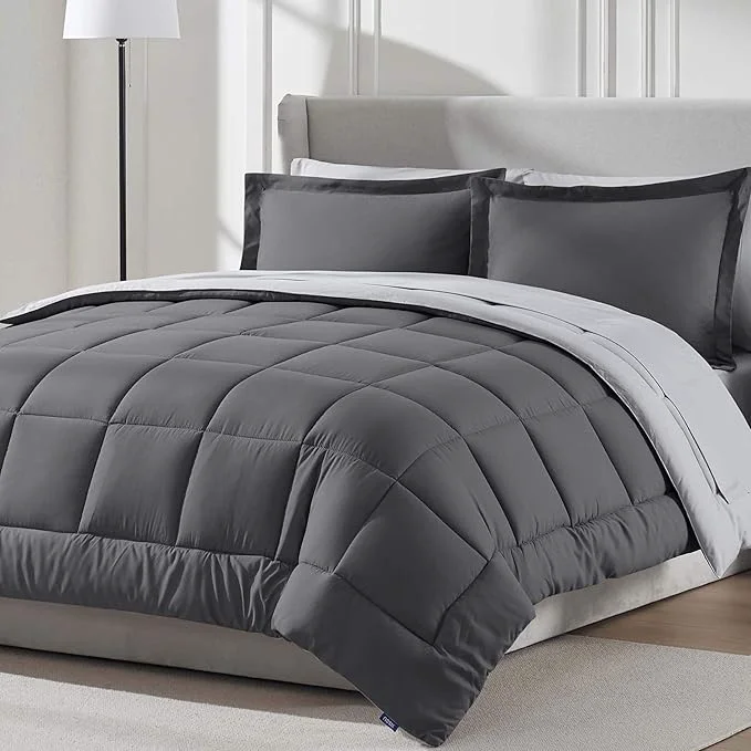 Enhanced Nestl 7 Piece Full Comforter Set – Dark Grey Reversible Bed in a Bag – Complete Full Size Bedding Set with Sheets Pillowcases and Shams Certified