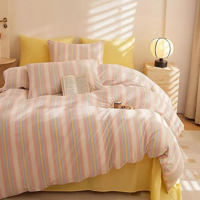 Professional HighBuy Blush Pink Striped Comforter Set Queen Modern Chic 3 Pieces Stripes Comforter with 2 Pillowcases Vintage Fluffy Comforter for All Seasons Breathable Soft Striped Bedding Set