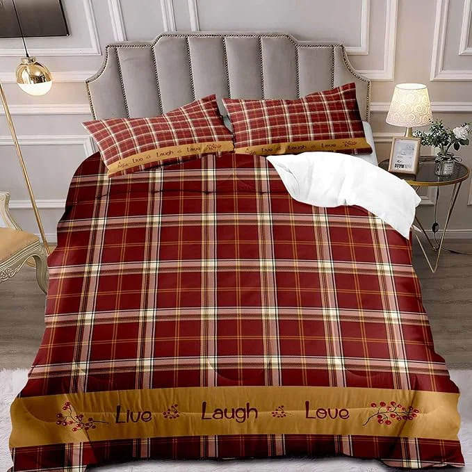 Authentic LUVIVIHOME 3PCS Red Gingham Comforter Set Queen Size Red Berry Check Bed Set Grid Checkered Quilt Farmhouse Bedding Check Primitive Country Rustic Vintage Buffalo Plaid Comforter 2 Pillow Shams Durable