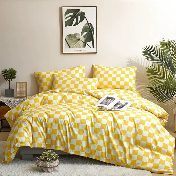High-End Houseri Yellow and White Comforter Set Queen Buffalo Plaid Light Yellow Bedding Grid Comforters Queen Size Women Girls Bright Yellow Checkerboard Comforter Elegant Yellow Gingham Bedding Blanket Queen Relaxed