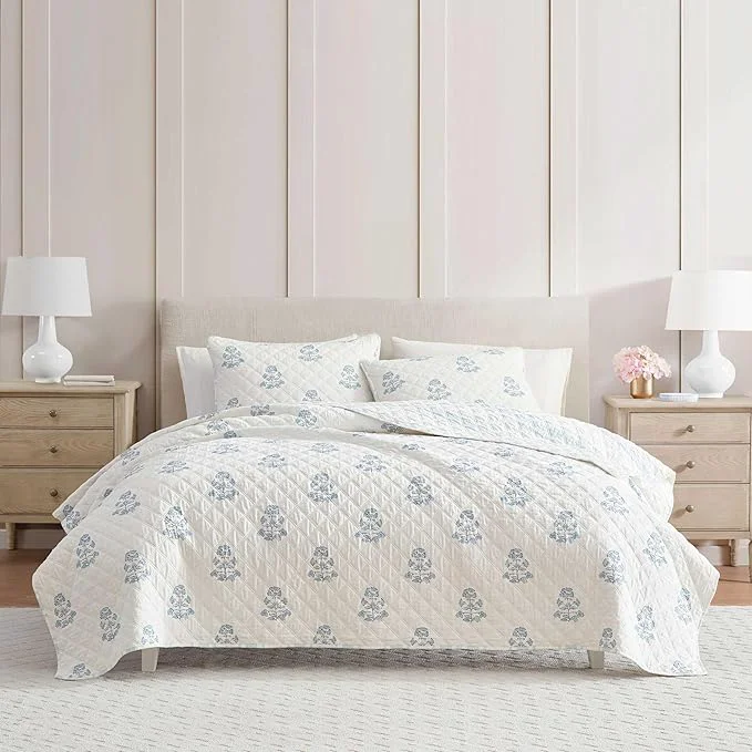High-Grade Martha Stewart – Twin Quilt Set Cotton Reversible Bedding Set Incredibly Soft Feel for Year Round Comfort 2 Piece Bed Set with Matching Pillowcase Flower Block Print Blue Verified