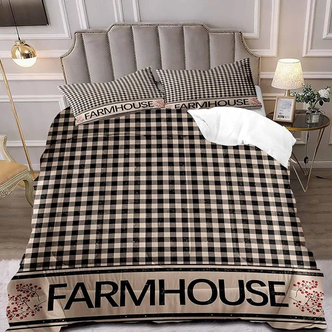 Stylish LUVIVIHOME 3PCS Brown Black Gingham Comforter Set King Bed Set Grid Checkered Quilt Farmhouse Bedding Red Berry Check Primitive Country Rustic Vintage Buffalo Plaid Comforter 2 Pillow Shams Luxury