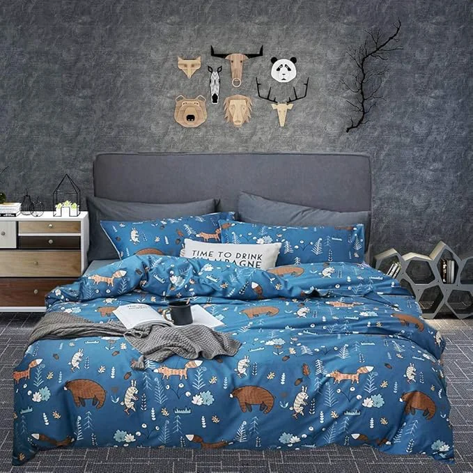 Consistent Houseri Blue Bear Twin Comforter Set 3 Pieces Toddler Boys Girls Navy Cartoon Woodland Bedding Sets Comfy Soft Kids Gift Fox Rabbit Forest Animal Painting Breathable Dark Color Bed Quilts Twin Size Official