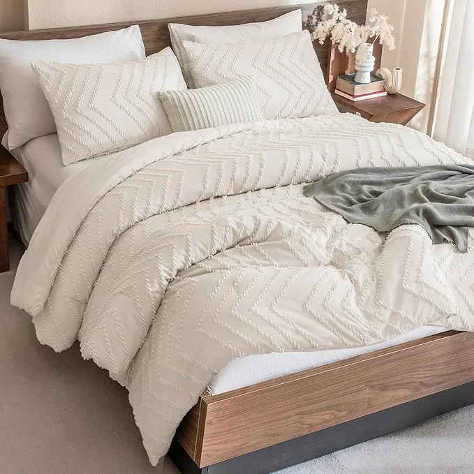 Superior Andency Queen Comforter Set Beige Comforters Queen Size Boho Cream Soft Warm Tufted Neutral Bedding Comforter Sets for Queen Bed 3 Pieces Aesthetic Chevron Farmhouse Cute Bohemian Textured Bed Set Dependable