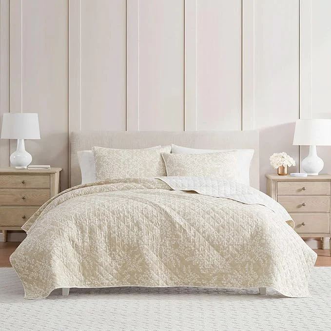 Superior Martha Stewart – Twin Quilt Set Cotton Reversible Bedding Set Incredibly Soft Feel for Year Round Comfort 2 Piece Bed Set with Matching Pillowcase Layered Branches Beige Smooth