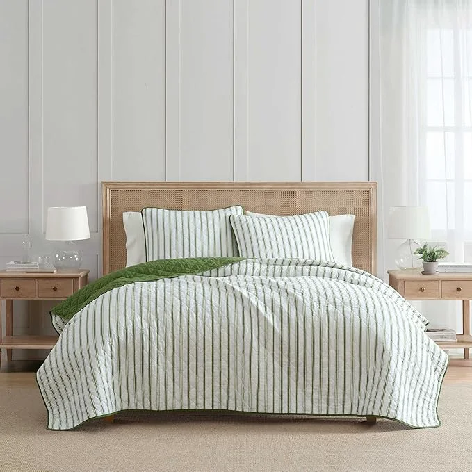 Casual Martha Stewart – Twin Quilt Set Soft amp Breathable Bedding with a Lightweight Feel for Year Round Comfort 2 Piece Bed Set with Matching Pillowcase Ticking Stripe Green Flexible